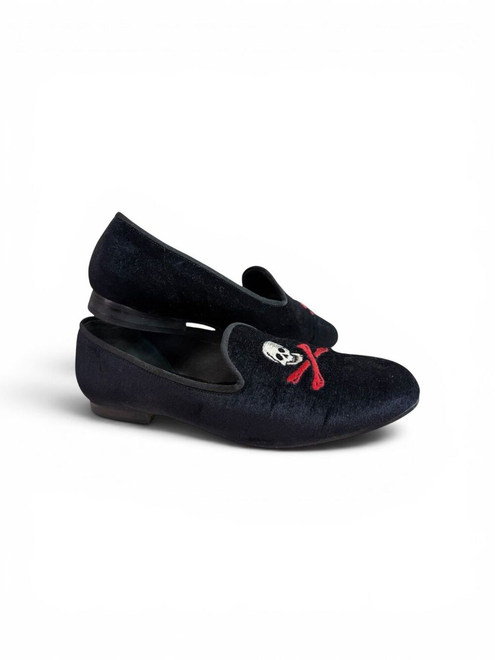Ramon Tenza x Goler  Black Velvet Loafers Embroidered Skull & Crossbones Sz 6.5
